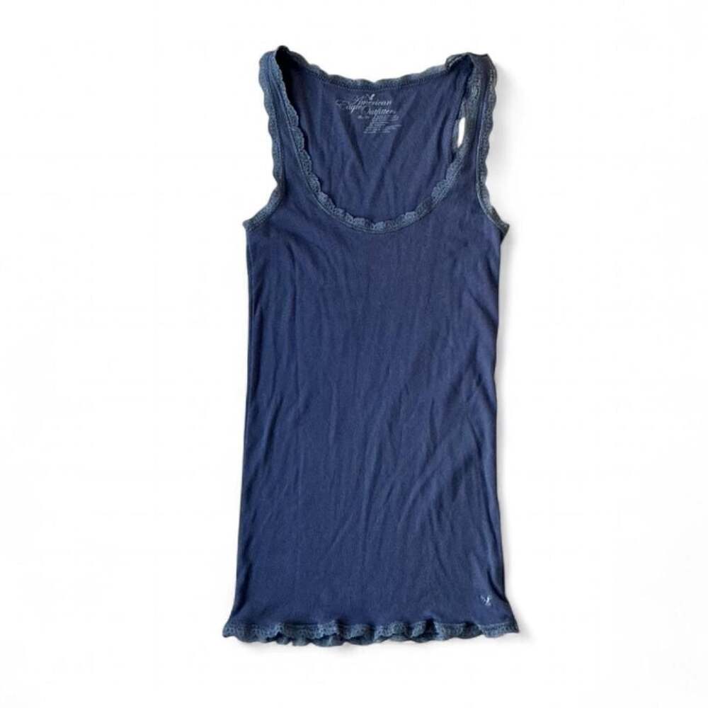 Y2K American Eagle Outfitters Navy Blue Lace‑Trim Tank Top – Size Medium